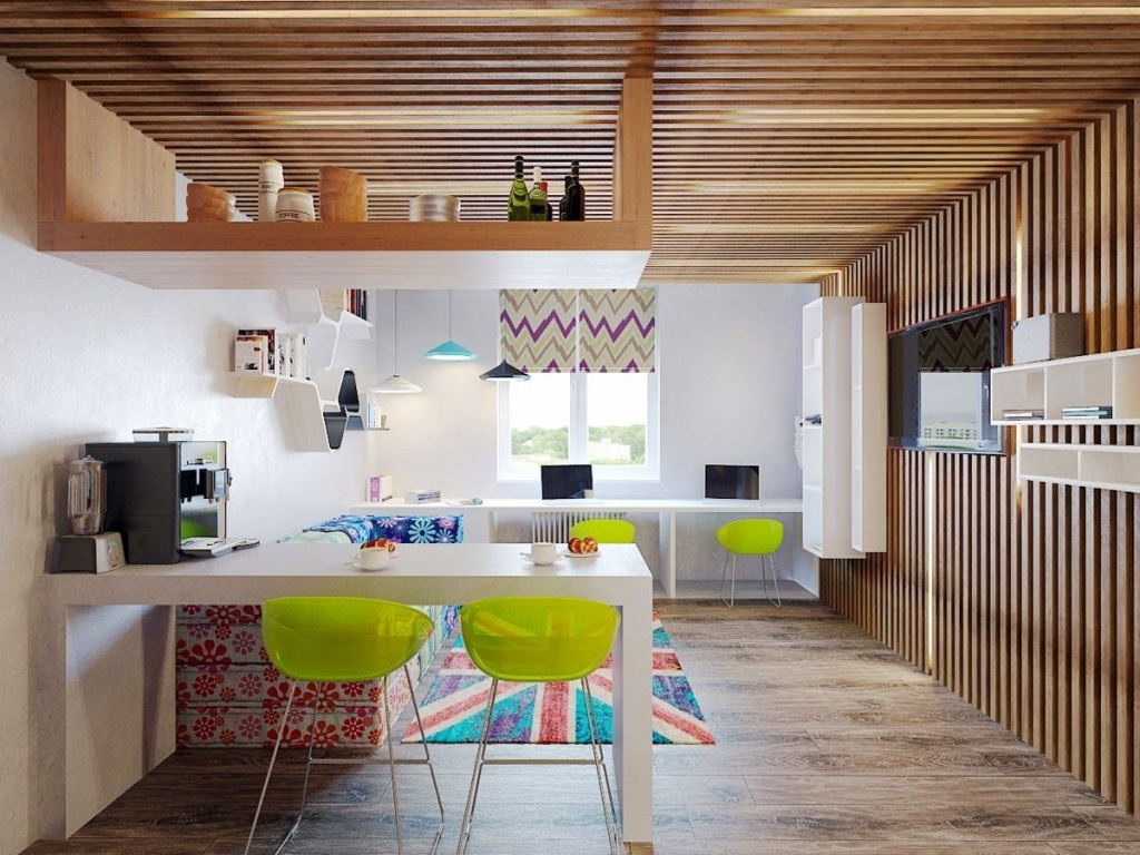 Отделка декоративными рейками стены и потолка с подвесными конструкциями в кухне-столовой-гостиной
