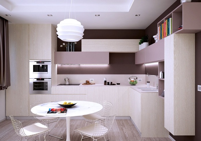 Светлый дизайн интерьера с ламинатом на полу кухни