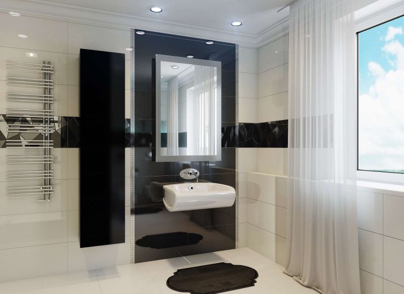В дизайне ванной хай-тек можно не бояться глянцевой плитки