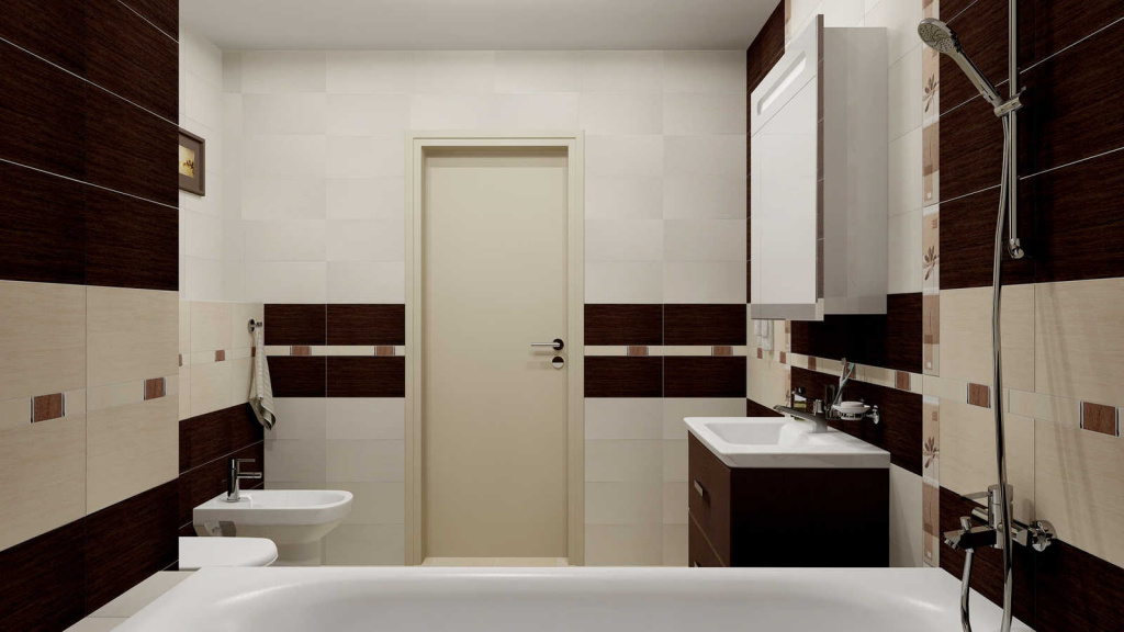 Ванная комната с темно-коричневой и молочной плиткой в современном стиле