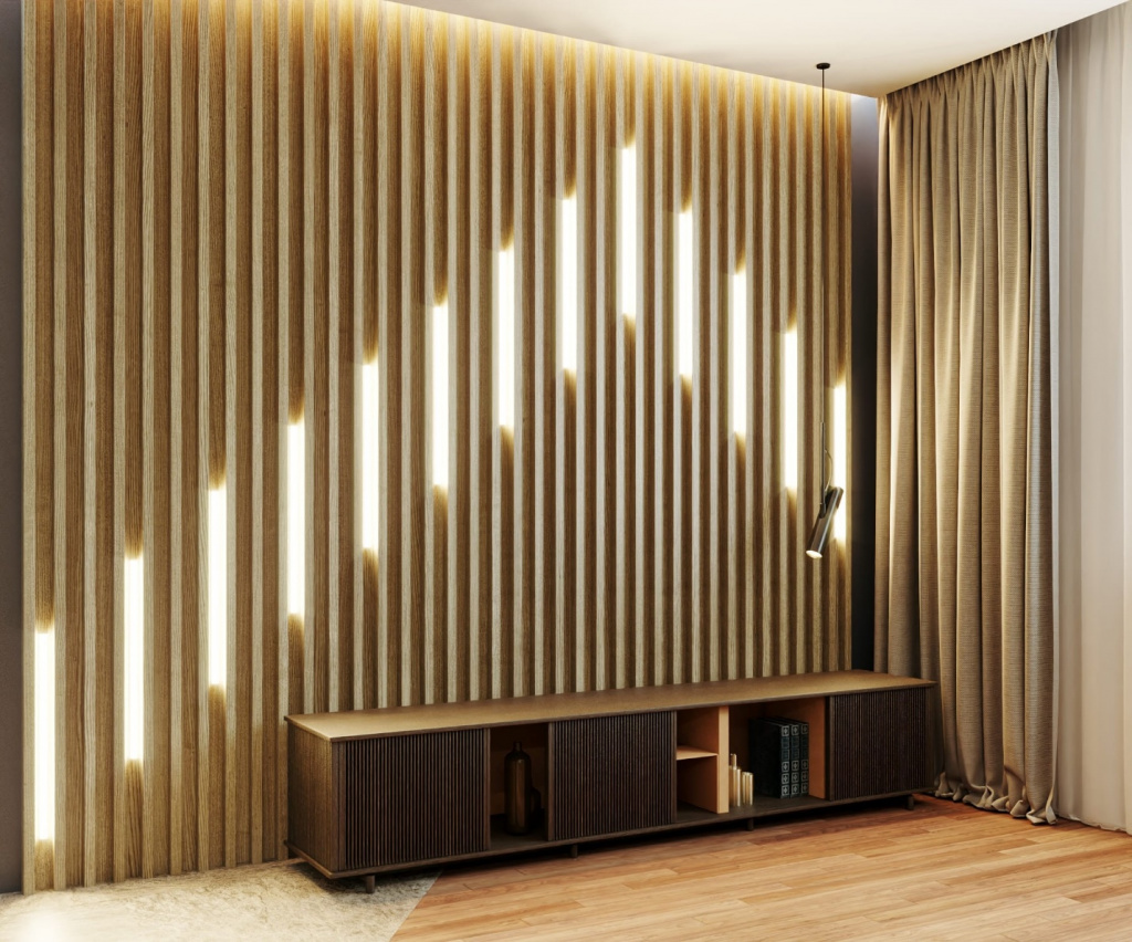 Отделка стены гостиной декоративными рейками с подсветкой