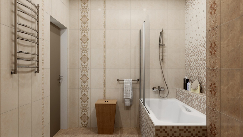 Современная ванная комната с плиткой и мозаикой на стенах и экране