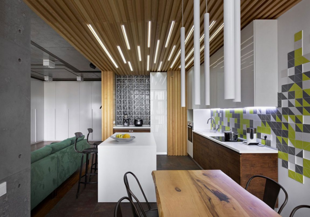 Реечный потолок для современной кухни в стиле лофт