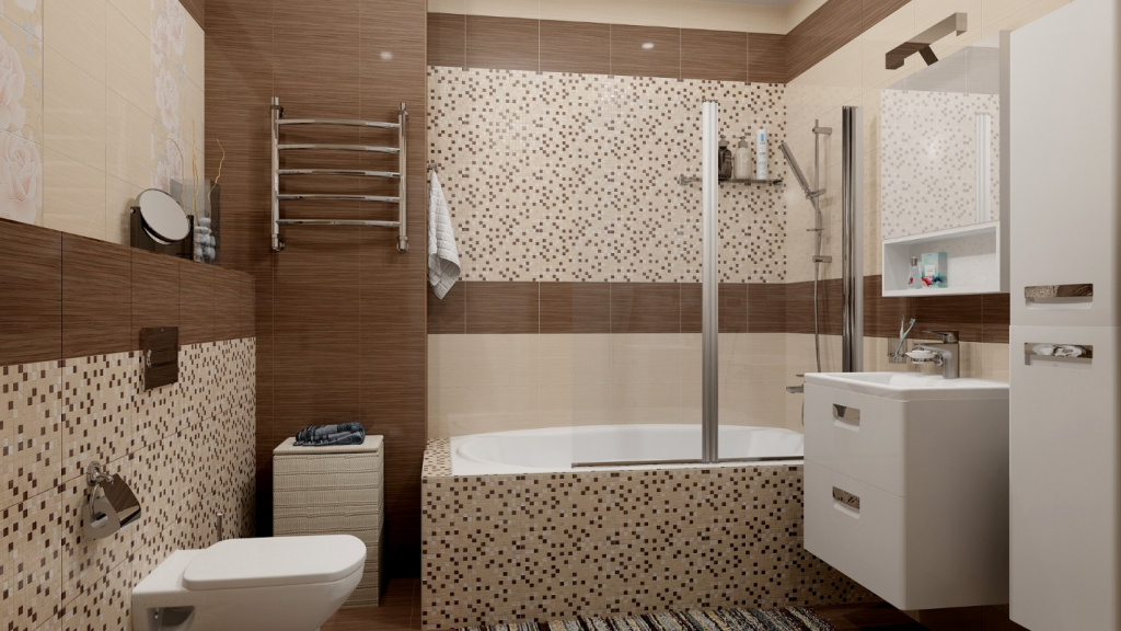 Ванная комната с коричневой и бежевой плиткой