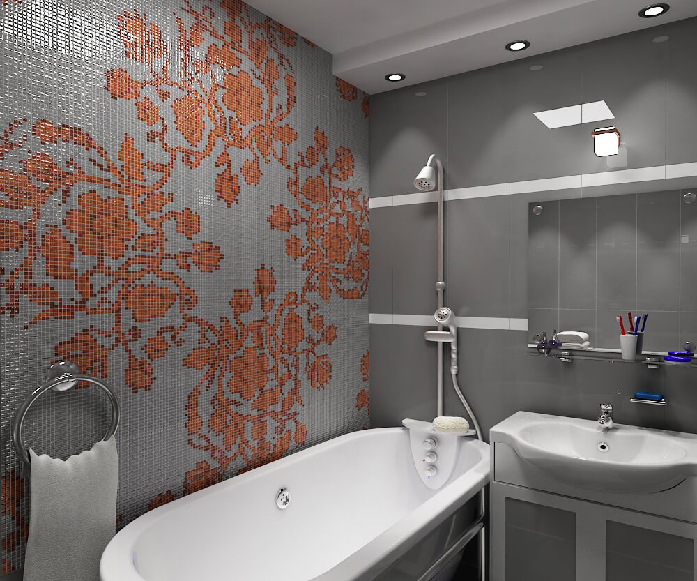 Рисунок на стене ванной мозаикой