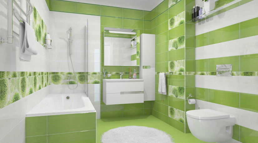 Стиль прованс в оформлении ванной плиткой белых и зеленых цветов