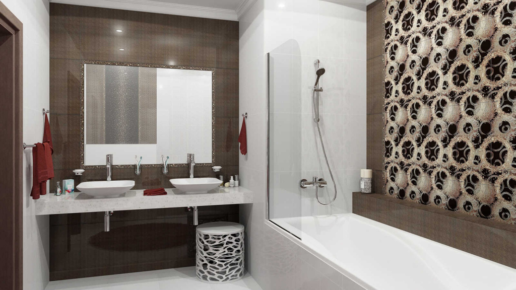Комбинация белой и коричневой плитки в ванной комнате