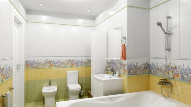 Облицовка стен и пола керамической плиткой с рисунком в ванной комнате