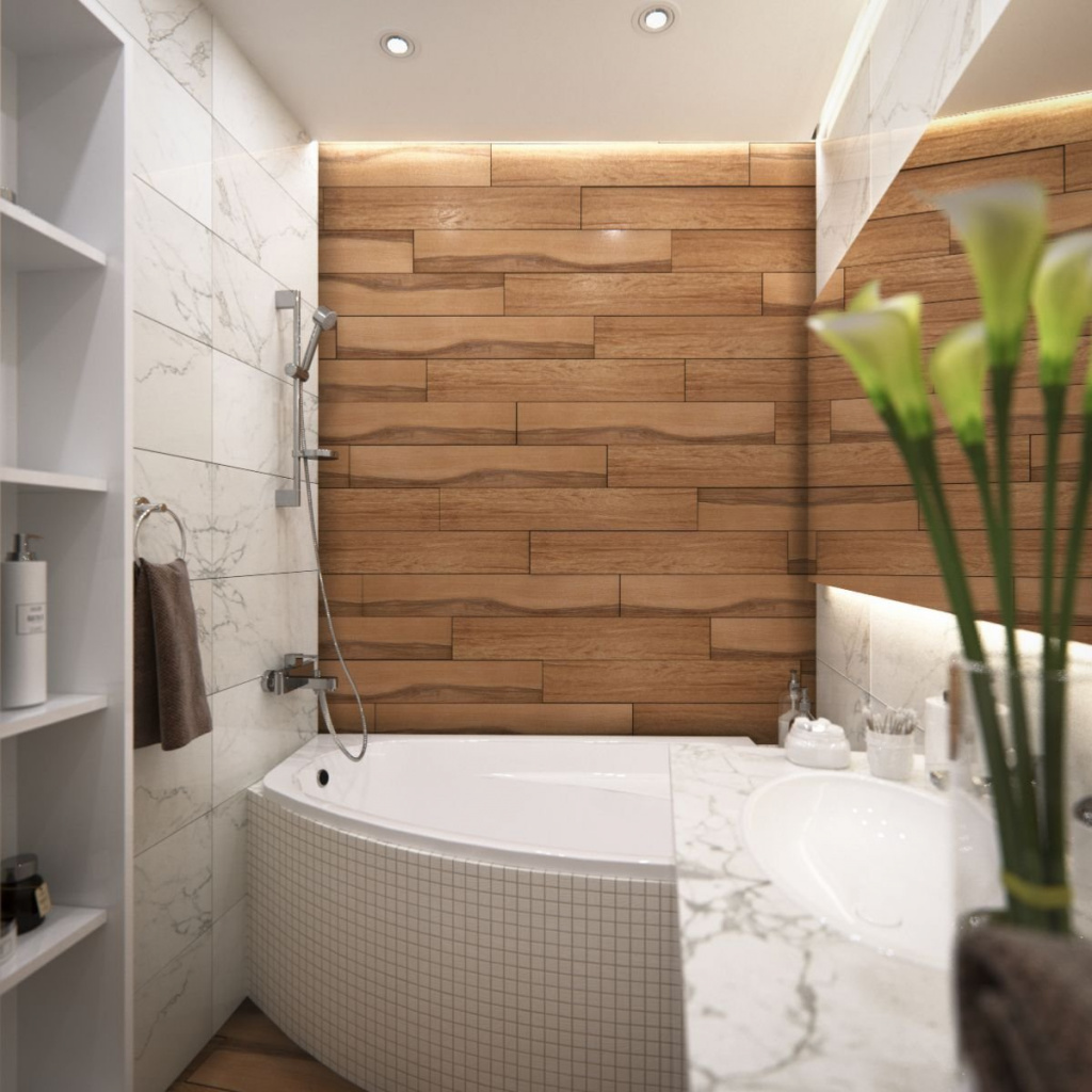 Белая плитка в ванной в сочетании с деревянными панелями