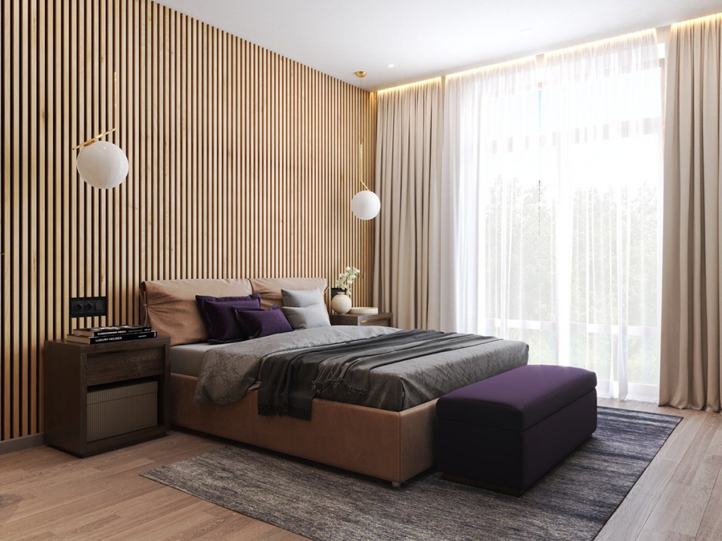Декоративные рейки в спальне: дизайн и зонирование, 35+ фото