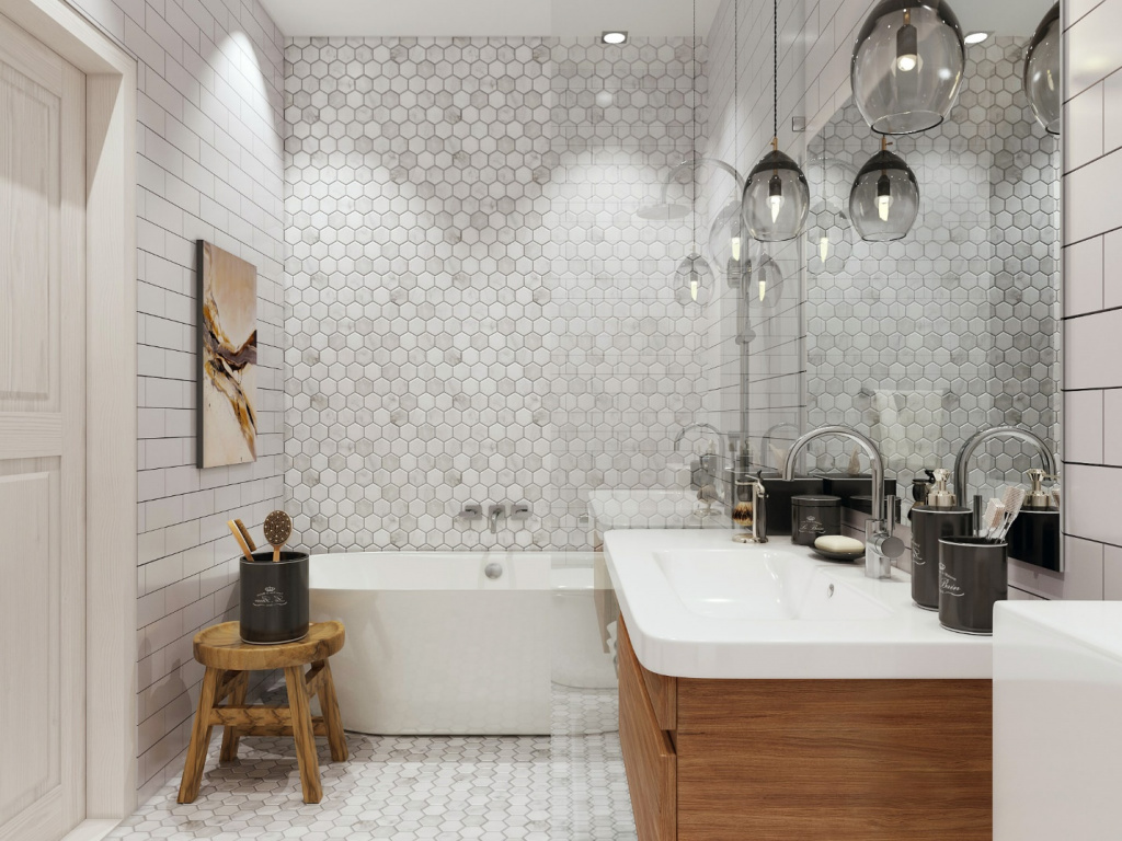 Серая ванная комната с плиткой в скандинавском стиле
