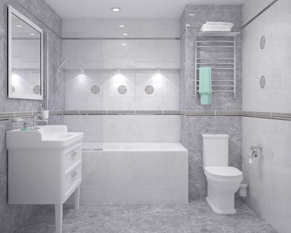 Серая ванная с отделкой плиткой в стиле модерн