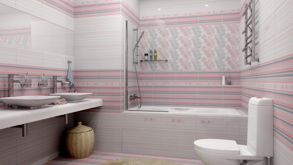 Отделка ванной комнаты плиткой в серых, розовых и дымчатых тонах
