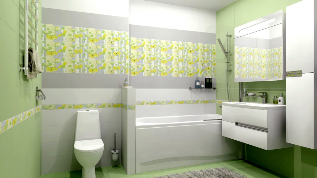 Серо-зеленая плитка с белыми акцентами в ванной комнате