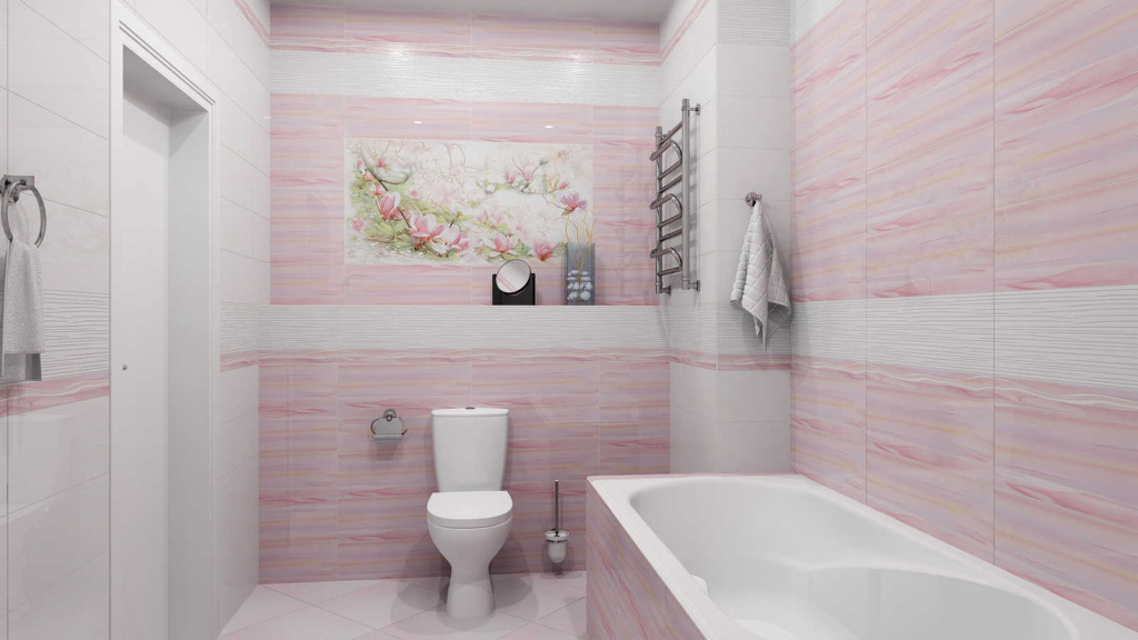 Нежный интерьер ванной с серой и разноцветной плиткой