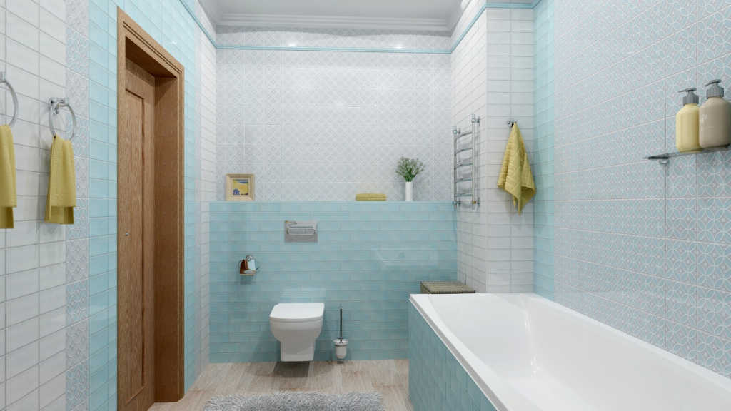 Серая и нежно-голубая плитка в ванной