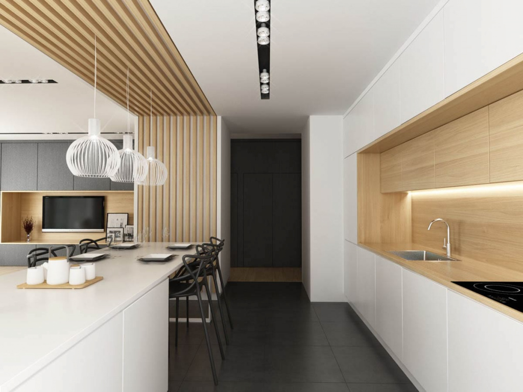 Светлая кухня-гостиная с разделением на зоны с помощью декоративных реек