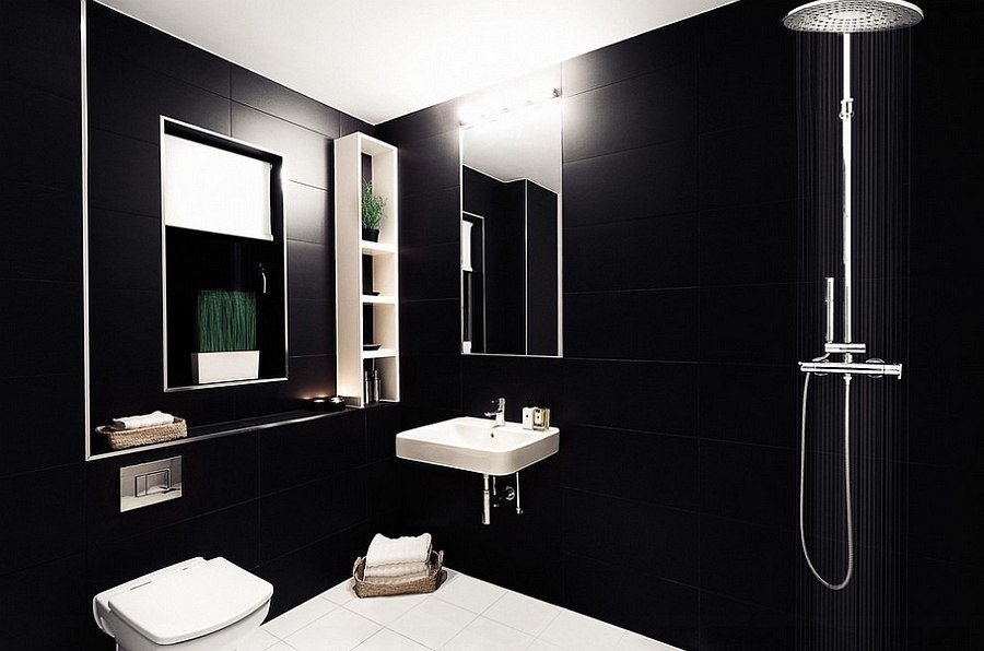 Хай-тек в ванной: черная плитка, зеркала и хромированные поверхности