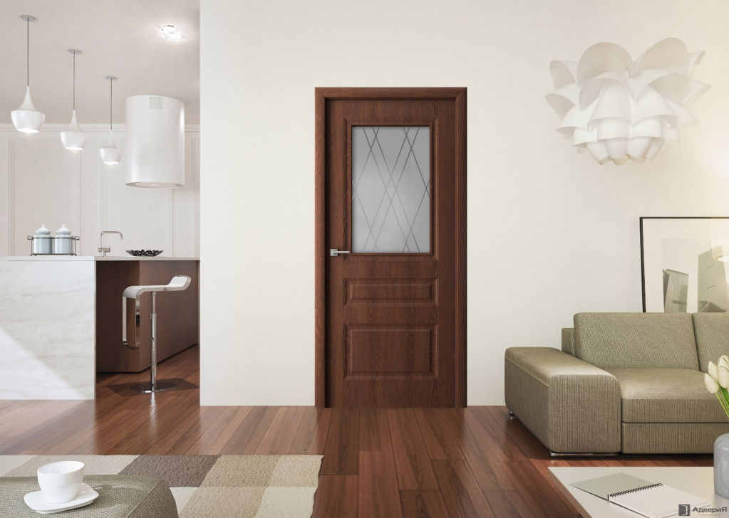 Филенчатая дверь экошпон в тон с напольным покрытием в современной квартире-студии