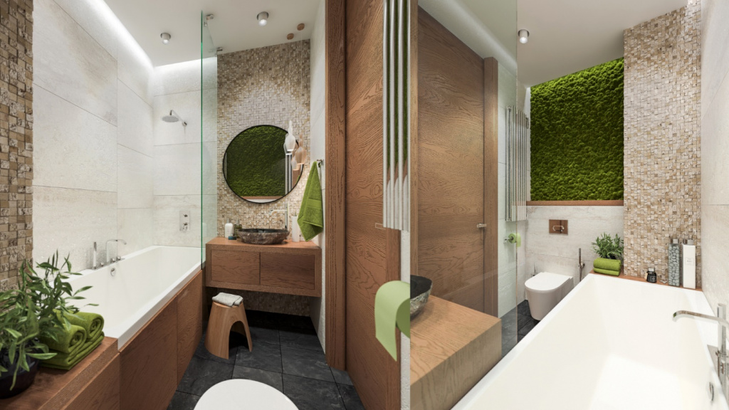 Ванная комната с коричневой мозаичной плиткой в эко-стиле