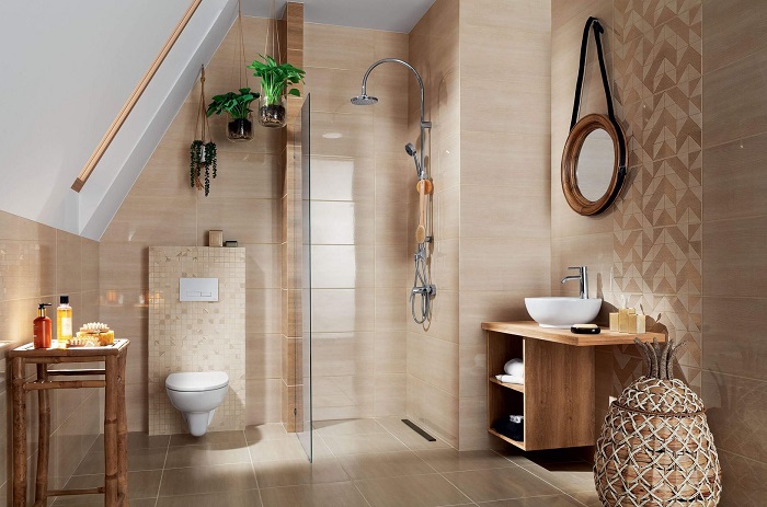 Лаконичный дизайн ванной комнаты с напольным покрытием керамогранитом