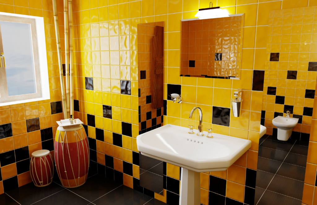 Оригинальный черно-желтый дизайн ванной с плиткой