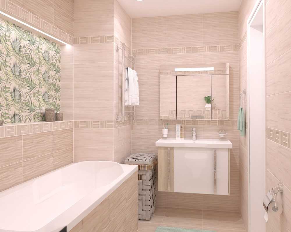 Бежевая плитка в сочетании с зелеными элементами в ванной