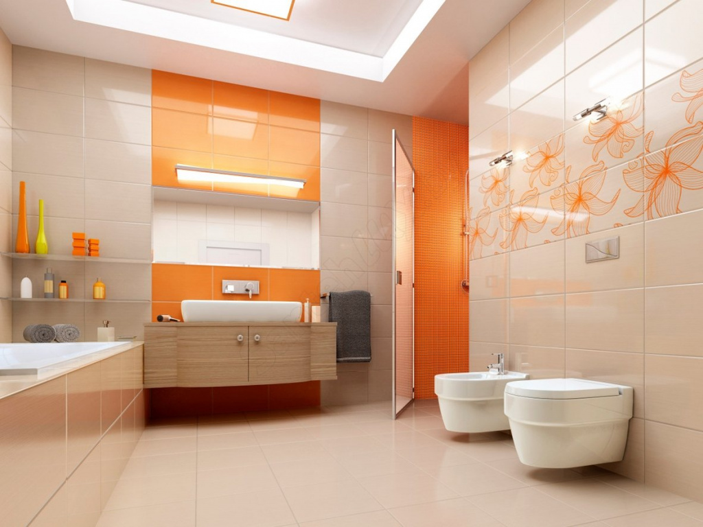 Интерьер ванной с плиткой в бежевых и оранжевых цветах