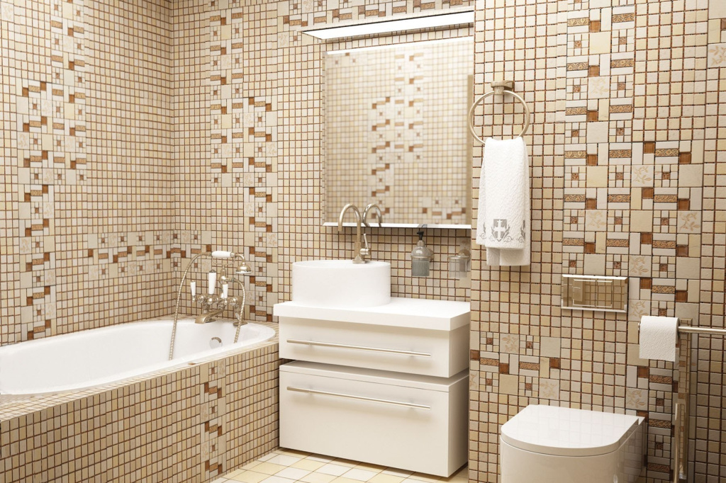 При сочетании плитки и мозаики на стенах и полу можно визуально расширить пространство ванной комнаты