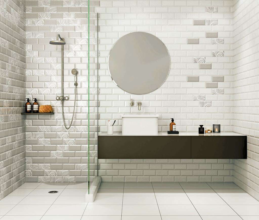 Модная плитка «кабанчик» белого цвета в ванной